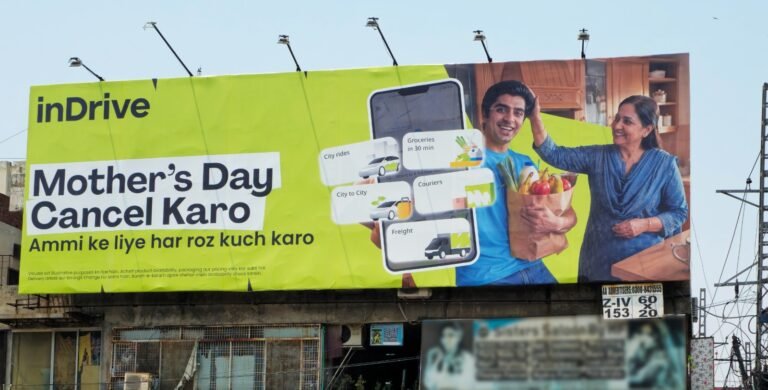 An inDrive billboard campaign in Pakistan encourages practical support for mothers on Mother’s Day.