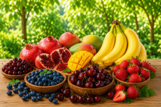 Bowls of frozen fruit including bananas, blueberries and strawberries recommended for weight loss and healthy eating.