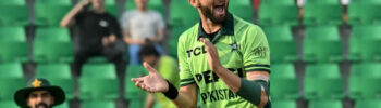 Shaheen Shah Afridi celebrates an early wicket during the third ODI between Pakistan and Australia in Lahore.