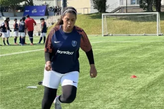 Five female footballers from Lyari during training at the PSG Academy in Qatar.