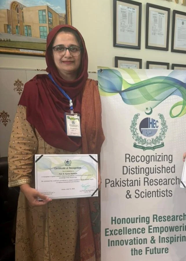 Prof Ayesha honored by HEC for inclusion in global top 2% scientists list Prof Ayesha Humayun recognized by HEC after inclusion in the global Top 2% Scientists list.