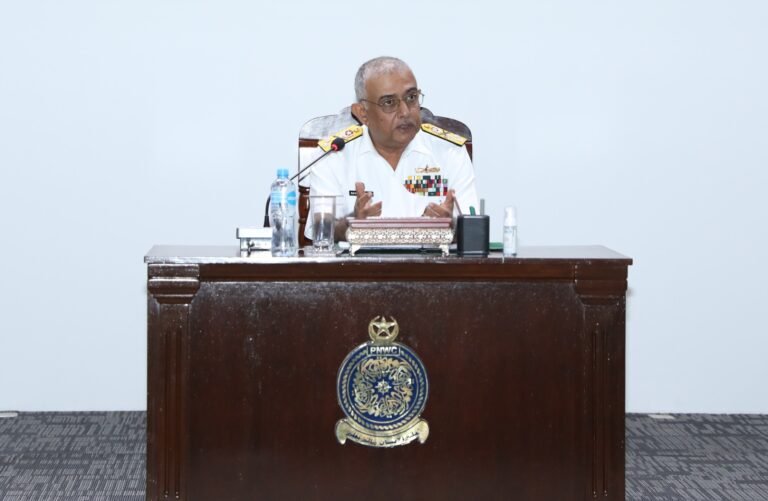 Pakistan Navy chief Admiral Naveed Ashraf addresses participants at Pakistan Navy War College Lahore on modern warfare challenges.
