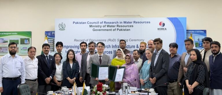 Officials attend the signing ceremony for the KOICA-funded water research and management project at PCRWR in Islamabad.