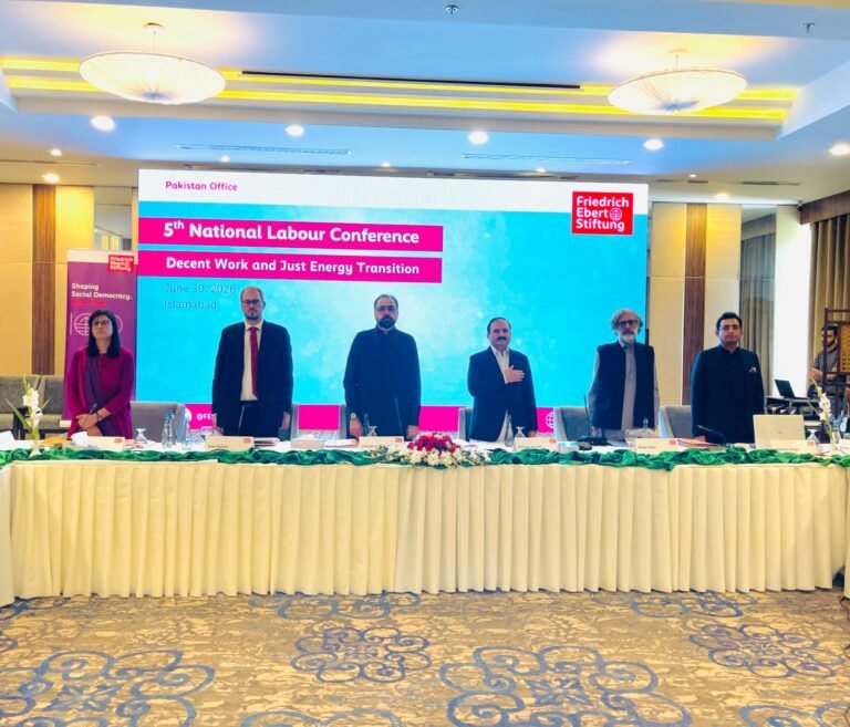 Conference participants discuss Pakistan’s just energy transition and worker protection policies at a labour conference in Islamabad.