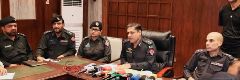 Mardan police officials brief the media after arresting suspects in the Sheikh Maltoon Town triple murder case.