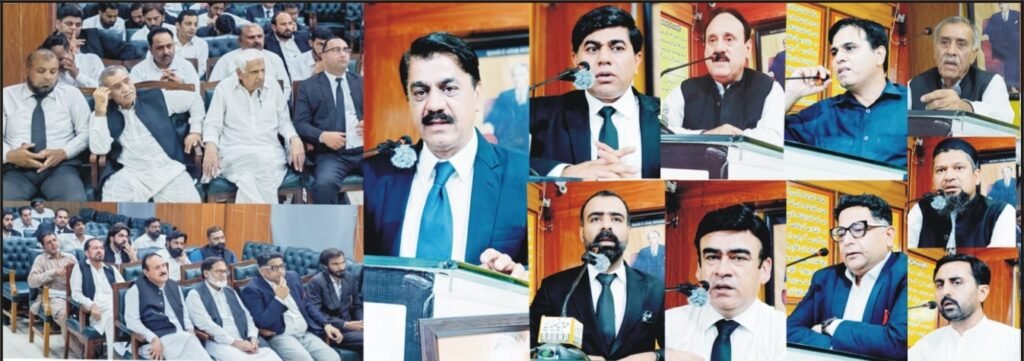 Lawyers attend a condolence reference in Gujar Khan in memory of Advocate Tariq Masood Chouhan.