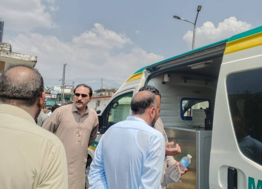 Officials inspect mineral water quality at DHQ Hospital Timergara after a public complaint.