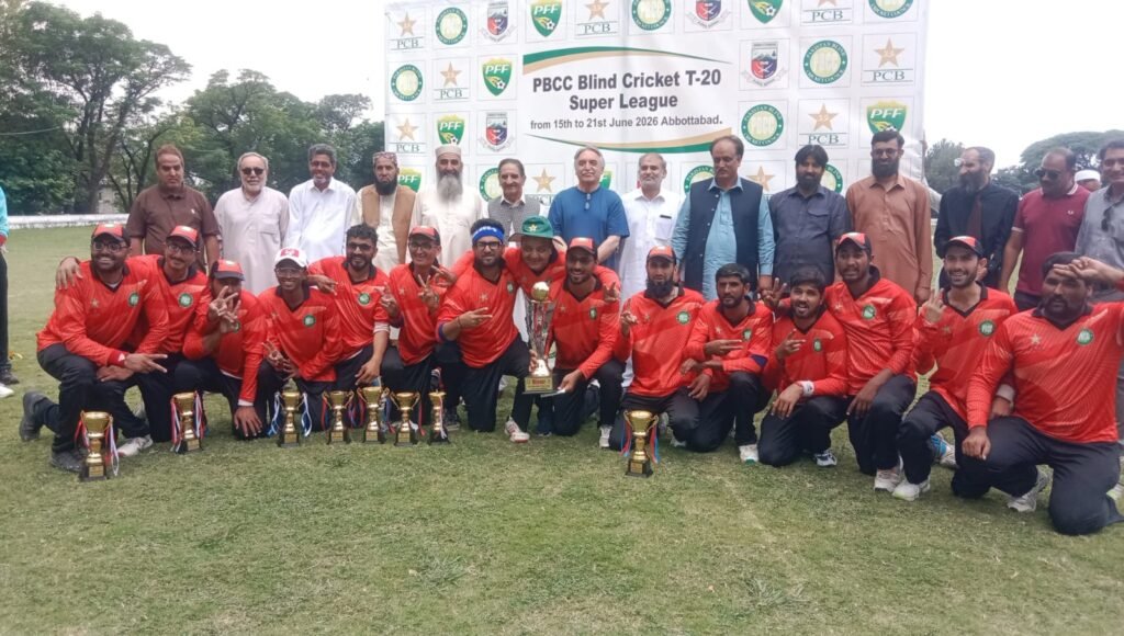 Khyber Pakhtunkhwa Win PBCC Blind Cricket Super League After Thrilling Final Against Balochistan : Khyber Pakhtunkhwa blind cricket team celebrates after winning the PBCC T20 Blind Cricket Super League 2026 in Abbottabad