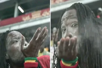 Ghana football fan performs unusual gesture in stadium during FIFA World Cup 2026 match against Panama.