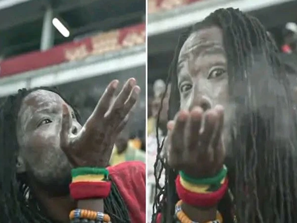 Ghana football fan performs unusual gesture in stadium during FIFA World Cup 2026 match against Panama.