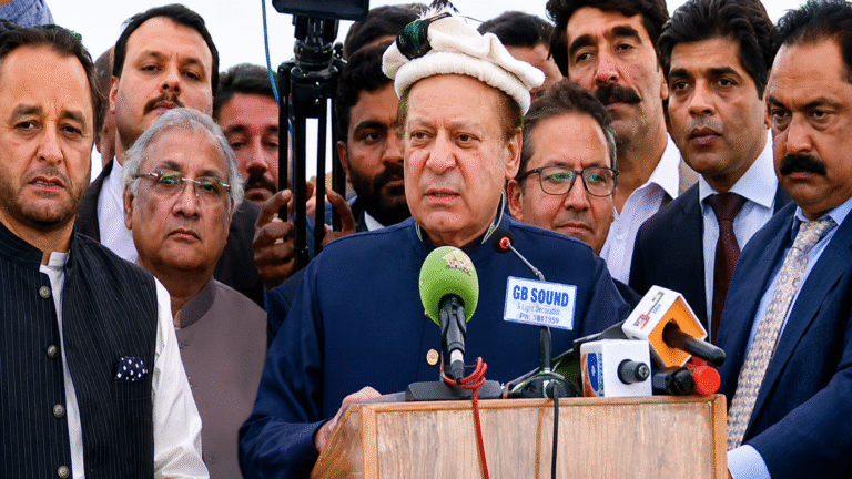 A camera operator is pushed away during Nawaz Sharif's public gathering in Gilgit.
