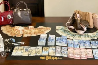 Rawalpindi police showing recovered cash, gold jewellery and foreign currency after arrest of domestic worker theft suspects.