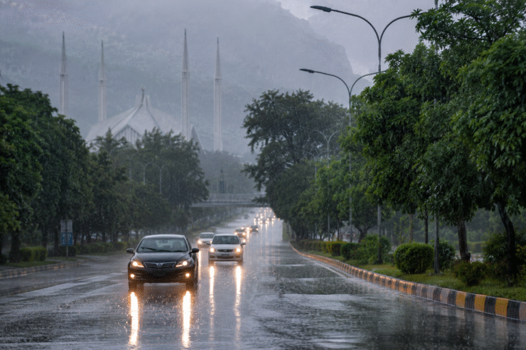 Heavy rainfall in Islamabad and Rawalpindi brings cooler temperatures and relief from heat.