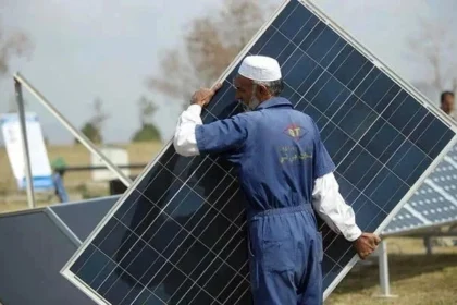 : Solar panels displayed in Pakistan as the country becomes the world's third-largest solar panel importer.