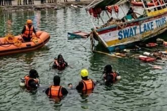 Officials inspect the Saifullah Lake accident site during the high-level inquiry into the deadly boat capsize.