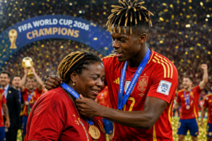 Nico Williams Honors Mother With World Cup Medal After Spain's Historic Victory Spain winger Nico Williams places his FIFA World Cup 2026 winners' medal around his mother's neck after the final.