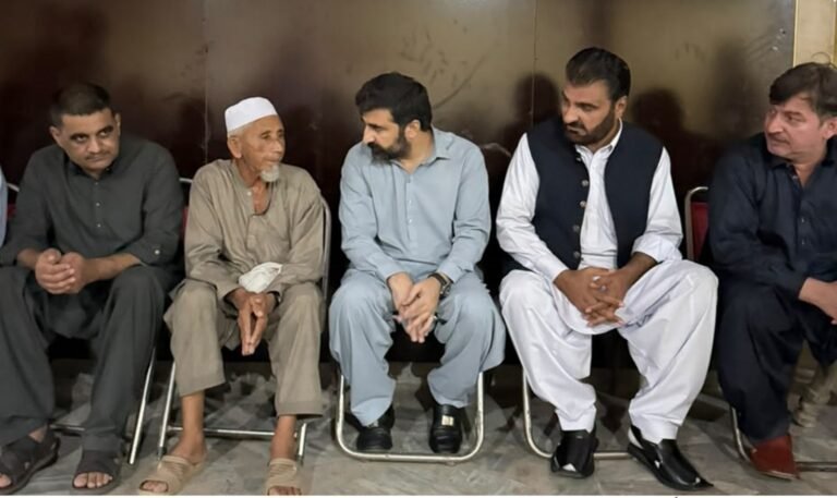 KP Excise Minister Syed Fakhar Jehan meeting the family of martyred Excise Officer Sajjad-ul-Islam in Nowshera.