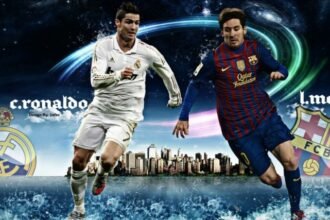 Lionel Messi and Cristiano Ronaldo during international football matches highlighting their legendary rivalry.