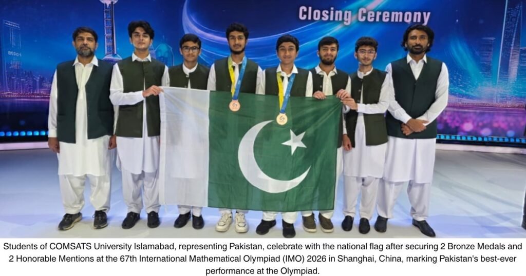 Pakistan students celebrate two bronze medals at the International Mathematical Olympiad 2026 in Shanghai.