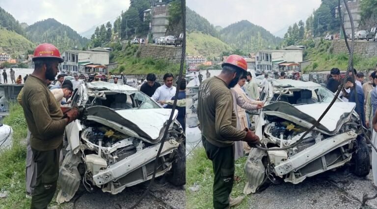 A Rescue 1122 team recovers a car after it plunged into a ravine on the Alpurai–Lilownai Road in Shangla.