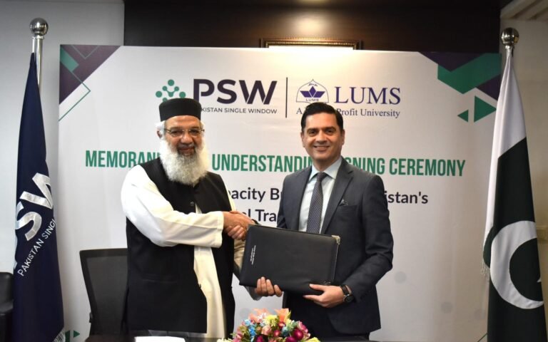 Officials from Pakistan Single Window and LUMS sign an MoU to strengthen trade facilitation, research and executive education.