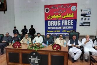 KP Excise Minister Syed Fakhar Jahan addresses a public forum on anti-drug measures in Swat