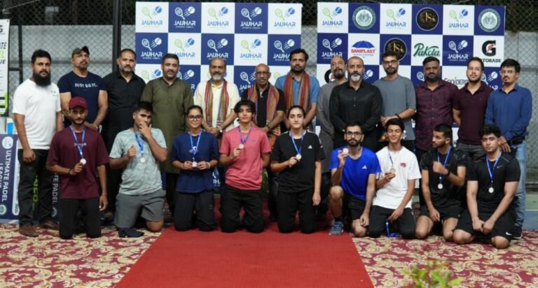 Hoor Fawad and Amara Ishtiaq celebrate after winning the women's doubles title at the Ultimate Padel League in Karachi.
