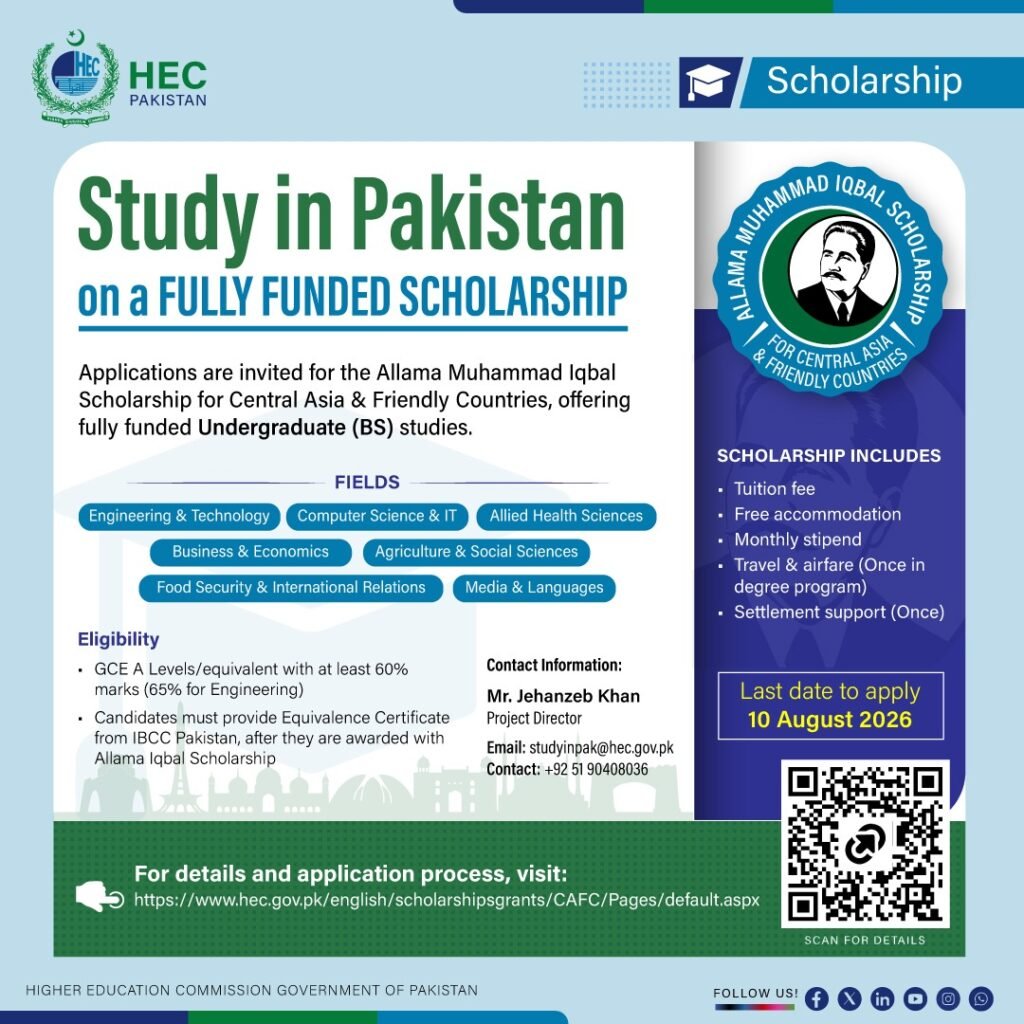 HEC Opens Fully Funded Scholarships for International Students HEC announces fully funded Allama Muhammad Iqbal Scholarships 2026 for students from Central Asia and friendly countries to study at public universities in Pakistan.