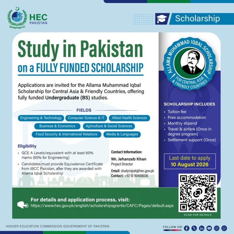 HEC announces fully funded Allama Muhammad Iqbal Scholarships 2026 for students from Central Asia and friendly countries to study at public universities in Pakistan.