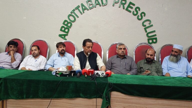 PML-N leader Capt (Retd) Muhammad Safdar addresses media at the Abbottabad Press Club.