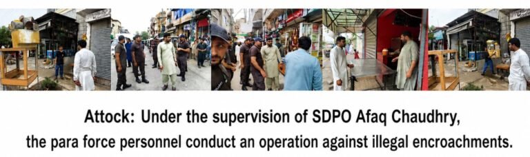 Para Force officials conduct the Attock anti-encroachment operation in a busy city market.