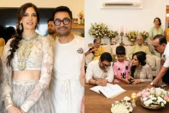Aamir Khan wedding photos show the actor and Gauri Spratt signing their marriage register during a private ceremony in Mumbai.