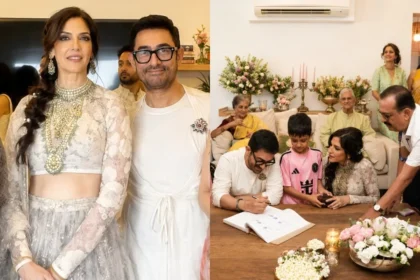 Aamir Khan wedding photos show the actor and Gauri Spratt signing their marriage register during a private ceremony in Mumbai.