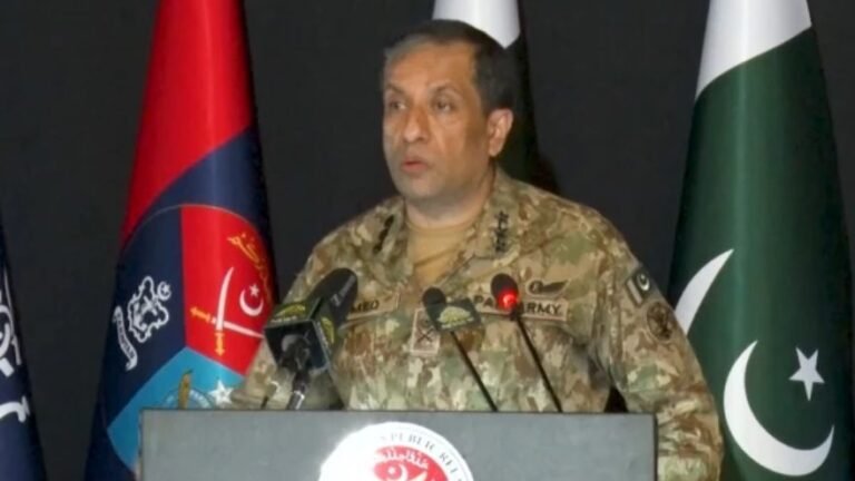 DG ISPR Lieutenant General Ahmed Sharif Chaudhry addresses a press conference on governance reform, national security and counterterrorism operations.