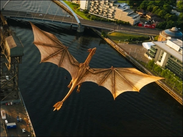 Giant ‘House of the Dragon’ Model Flies Over Glasgow Ahead of Commonwealth Games The Syrax dragon flying over Glasgow above the River Clyde ahead of the 2026 Commonwealth Games.