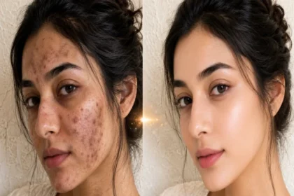 A woman applying sunscreen as part of a daily skincare routine to help reduce facial dark spots.