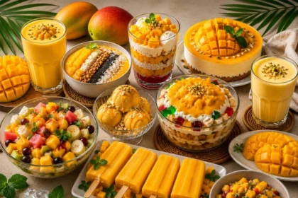 A collection of 10 easy and trending mango recipes including shakes, desserts, and fusion dishes made at home during summer season.