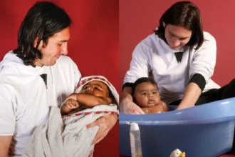 Lionel Messi poses with baby Lamine Yamal during a 2007 charity photoshoot before the FIFA World Cup final.
