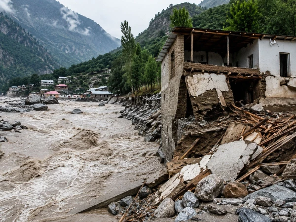 Flood-affected area in Khyber Pakhtunkhwa after heavy rains and flash floods damaged homes.