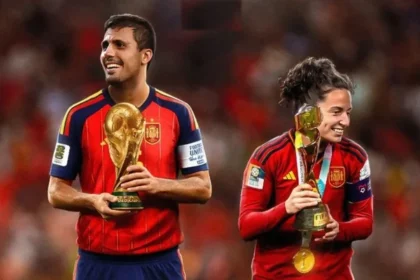 Spain players celebrate after winning the FIFA World Cup 2026 final, making Spain the first nation to hold both men's and women's FIFA World Cup titles.