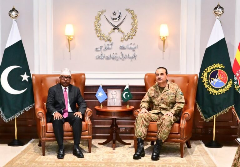 Field Marshal Asim Munir meets Somalia Defence Minister Ahmed Moallim Fiqi at GHQ Rawalpindi to discuss defence cooperation.