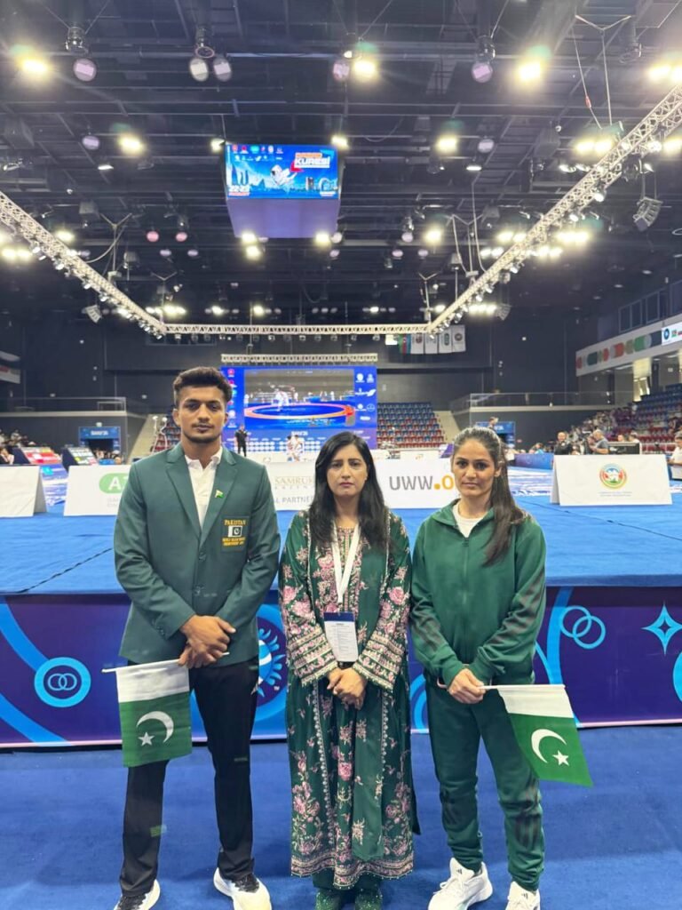 Pakistani Qazaq Kuresi athletes Iran Shehzadi and Mohammad Ehtisham compete at the World Championship in Baku.