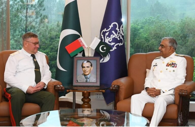 Belarus Chief of the General Staff Major General Pavel Muraveiko meets Pakistan Navy Chief Admiral Naveed Ashraf at Naval Headquarters in Islamabad.