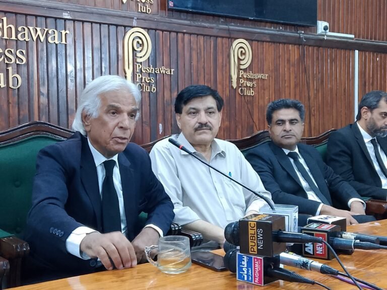 Lawyers addressing a press conference at the Peshawar Press Club during the launch of a protest campaign