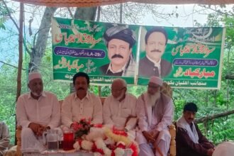 Sardar Mukhtar Abbasi addresses a reception in Bakot Sharif following his election to the Azad Jammu and Kashmir Legislative Assembly.