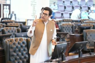 KP Opposition Leader Dr Ibadullah speaks during a provincial assembly session in Peshawar.