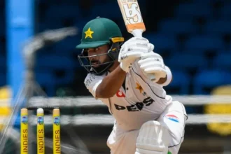 Pakistan opener Abdullah Shafique celebrates his unbeaten 160 against the West Indies in the second Test.