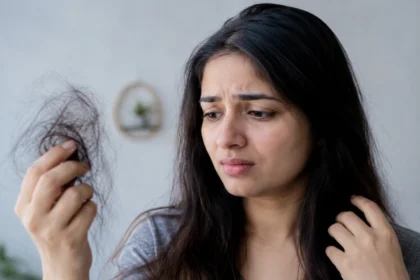A person experiencing hair loss while checking their scalp, highlighting common causes and hair care tips.