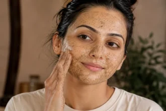 Natural ingredients used to prepare a homemade herbal scrub for gentle skin exfoliation and glowing skin.