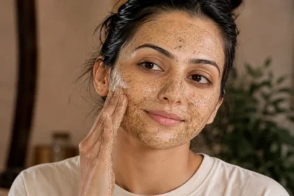Natural ingredients used to prepare a homemade herbal scrub for gentle skin exfoliation and glowing skin.